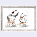 A whimsical illustration of two cats dressed as witches, one riding a chair with legs and looking scared, the other riding a stool with legs and looking amused while waving a wand.