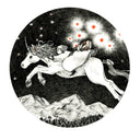 Ink illustration of a girl riding atop of a unicorn, which jumps through the night sky. Orange stars trail behind them, coming out of the girl's side pouch.