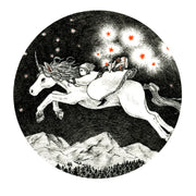 Ink illustration of a girl riding atop of a unicorn, which jumps through the night sky. Orange stars trail behind them, coming out of the girl's side pouch.