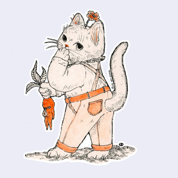 Illustration of a cat in overalls holding a radish character on a light purple background