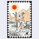 Black and orange ink illustration of a cat hiking with a walking stick through a desert mountain landscape with a tiny mouse wearing pants walking alongside.