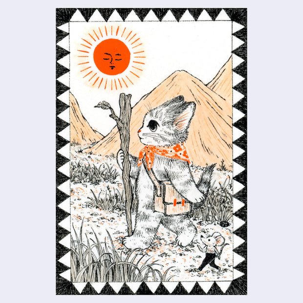 Black and orange ink illustration of a cat hiking with a walking stick through a desert mountain landscape with a tiny mouse wearing pants walking alongside.