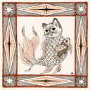 Illustration in black, orange and white of a cat with the body of a fish, holding onto a smaller fish. The drawing is within an ornate square border.
