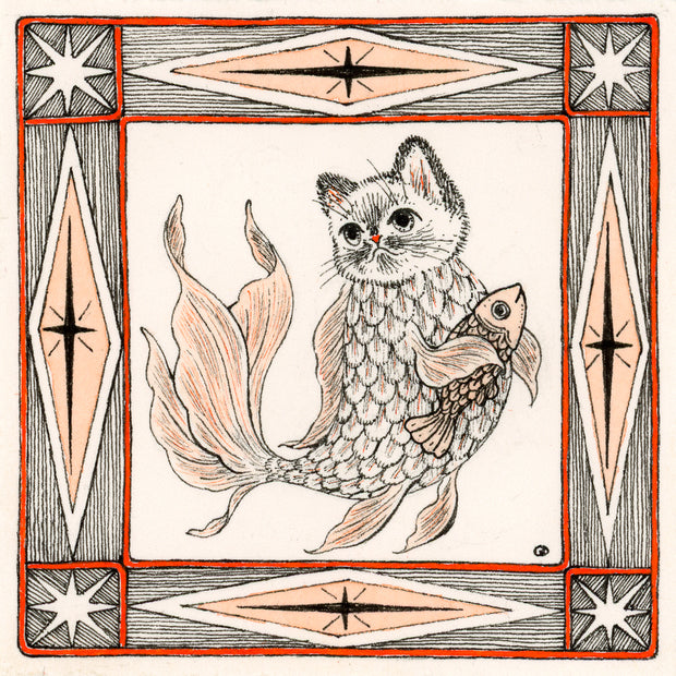 Illustration in black, orange and white of a cat with the body of a fish, holding onto a smaller fish. The drawing is within an ornate square border.
