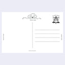 Back side of a postcard with a cat illustration and text.