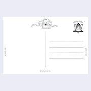 Back side of a postcard with a cat illustration and text.