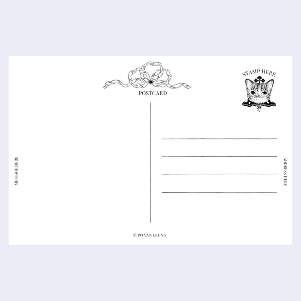Back side of a postcard with a cat illustration and text.