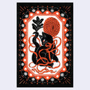 Decorative postcard with a black cat, red flowers, and intricate border.