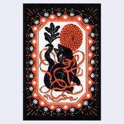 Decorative postcard with a black cat, red flowers, and intricate border.