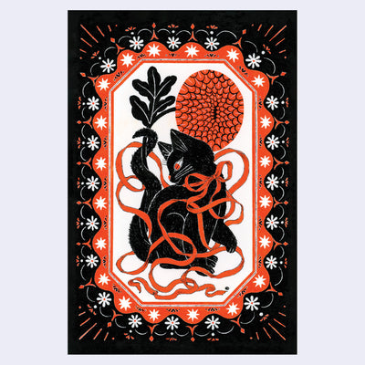 Decorative postcard with a black cat, red flowers, and intricate border.