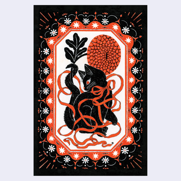 Decorative postcard with a black cat, red flowers, and intricate border.