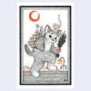 Illustration of a cat with a curled horn, walking mischievously while holding a bundle of sticks and wearing a woven basket on its back with mice in it.