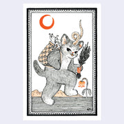 Illustration of a cat with a curled horn, walking mischievously while holding a bundle of sticks and wearing a woven basket on its back with mice in it.