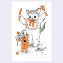 Illustration of a cat holding a fork and knife and excitedly standing over a small, cowering daikon creature.