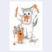 Illustration of a cat holding a fork and knife and excitedly standing over a small, cowering daikon creature.