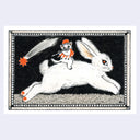 Postcard with an illustration of a bunny jumping with a tiny cat on its back. The cat plays the flute.