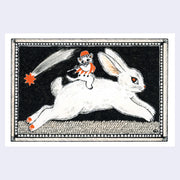 Postcard with an illustration of a bunny jumping with a tiny cat on its back. The cat plays the flute.