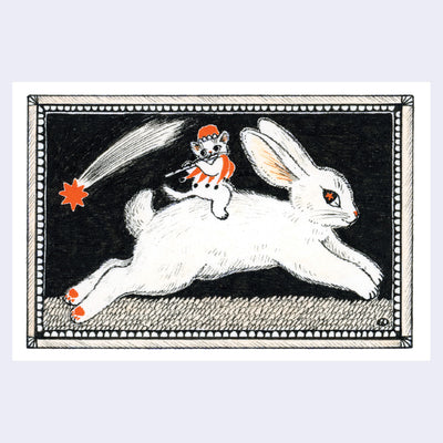 Postcard with an illustration of a bunny jumping with a tiny cat on its back. The cat plays the flute.
