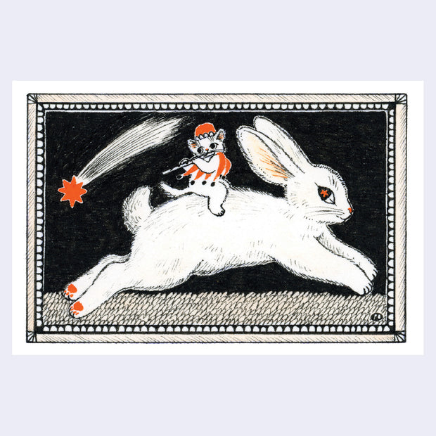 Postcard with an illustration of a bunny jumping with a tiny cat on its back. The cat plays the flute.