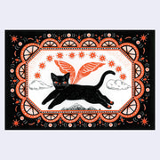 Postcard with a black and orange illustration of a black cat with orange wings and an ornate illustrated border.