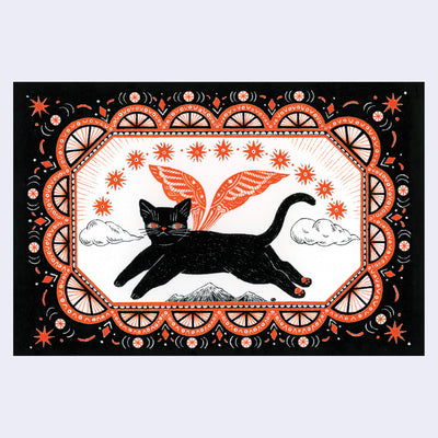 Postcard with a black and orange illustration of a black cat with orange wings and an ornate illustrated border.