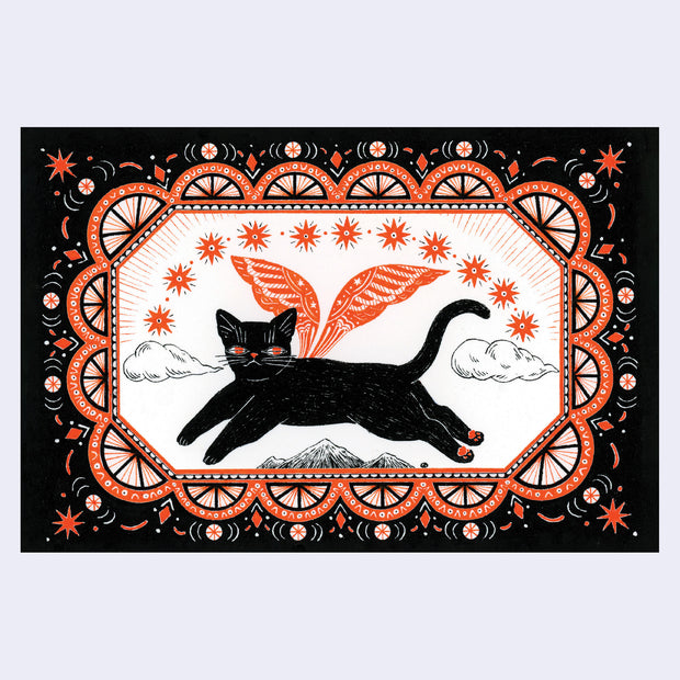 Postcard with a black and orange illustration of a black cat with orange wings and an ornate illustrated border.