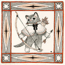 Illustration in black, orange and white of a cat wearing a short cape and holding a large bow and arrow, with more in a sling on their back. The drawing is within an ornate square border.