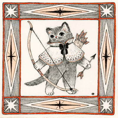 Illustration in black, orange and white of a cat wearing a short cape and holding a large bow and arrow, with more in a sling on their back. The drawing is within an ornate square border.