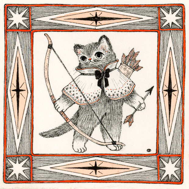 Illustration in black, orange and white of a cat wearing a short cape and holding a large bow and arrow, with more in a sling on their back. The drawing is within an ornate square border.