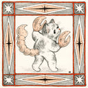 Illustration in black, orange and white of a cat with large scorpion claws and tail. The drawing is within an ornate square border.