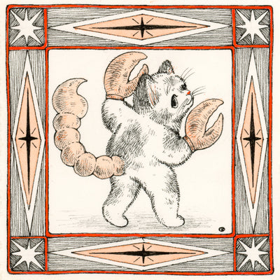 Illustration in black, orange and white of a cat with large scorpion claws and tail. The drawing is within an ornate square border.