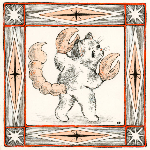 Illustration in black, orange and white of a cat with large scorpion claws and tail. The drawing is within an ornate square border.