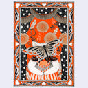 A stylized illustration of a white cat wearing a striped shirt and fabric collar, with a butterfly flying across its face, set against an orange and black theatrical curtain background with decorative border motifs including stars, hearts, and swirls.