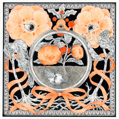 Black and orange ink illustration of a cat, curled up underground like a seed - with an orange flower blooming from it. Around the cat are plant characters/creatures with an orange ribbon.