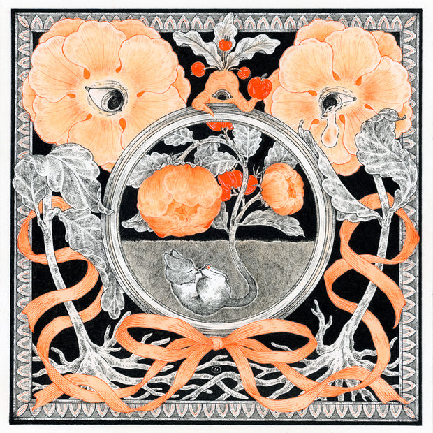 Black and orange ink illustration of a cat, curled up underground like a seed - with an orange flower blooming from it. Around the cat are plant characters/creatures with an orange ribbon.