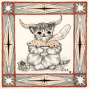 Illustration in black, orange and white of a cat with bull horns, sitting drinking a cup of tea with tiny animal toys nearby. The drawing is within an ornate square border.