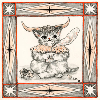 Illustration in black, orange and white of a cat with bull horns, sitting drinking a cup of tea with tiny animal toys nearby. The drawing is within an ornate square border.