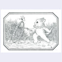Pencil illustration of a cat character wearing a fluffy fabric collar and playing with a stick and hoop. A tiny mouse balances on the hoop.