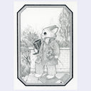Pencil illustration of a cat character dressed as a dapper gentleman, holding a top hat in one hand and a flower in the other.