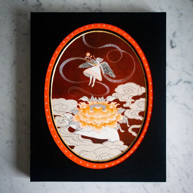 Artwork of an angel, floating over an open lotus flower which is held in someone's outstretched palm. Smoke clouds go up from the ground.