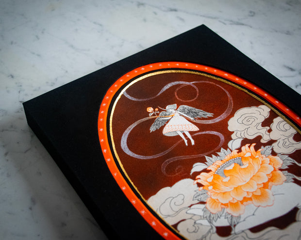 Artwork of an angel, floating over an open lotus flower which is held in someone's outstretched palm. Smoke clouds go up from the ground.