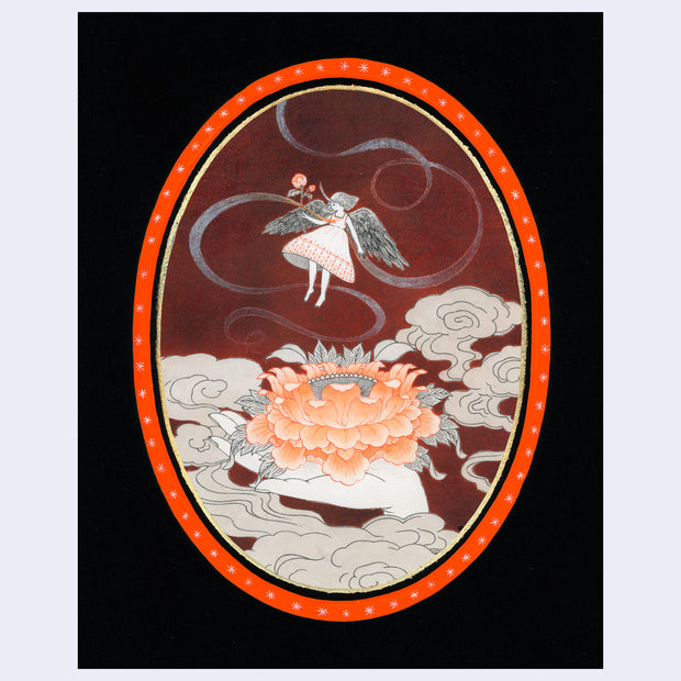 Artwork of an angel, floating over an open lotus flower which is held in someone's outstretched palm. Smoke clouds go up from the ground.