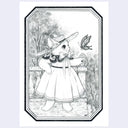 Graphite illustration of a cat character, dressed as a dapper woman in a sundress and extending out her hand to a large butterfly.