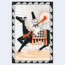 Black and orange ink illustration of a cat riding atop of a black horse and playing a horn. Dramatic line art comes from the horn, imitating sound.