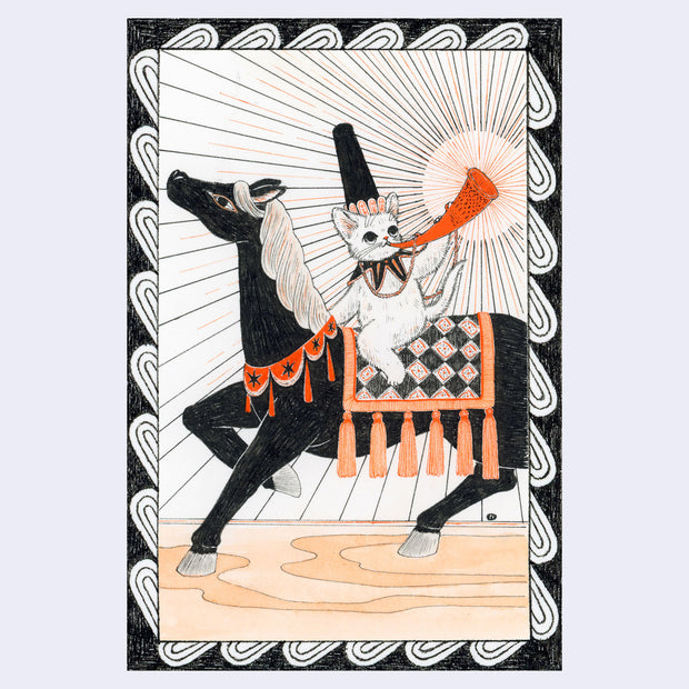 Black and orange ink illustration of a cat riding atop of a black horse and playing a horn. Dramatic line art comes from the horn, imitating sound.