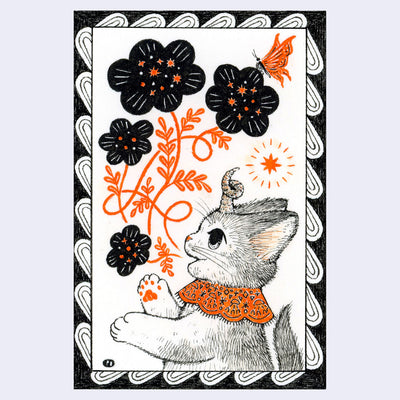 Black and orange ink illustration of a cat with a small curled horn, it speaks and out its mouth comes flowers with a butterfly atop them.