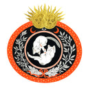 Black and orange ink illustration of 2 cats, floating opposite one another like yin & yang. They are in a circle surrounded by floral patternings. 2 gold suns are at the top of the piece.