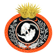 Black and orange ink illustration of 2 cats, floating opposite one another like yin & yang. They are in a circle surrounded by floral patternings. 2 gold suns are at the top of the piece.