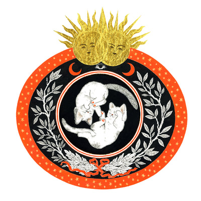 Black and orange ink illustration of 2 cats, floating opposite one another like yin & yang. They are in a circle surrounded by floral patternings. 2 gold suns are at the top of the piece.
