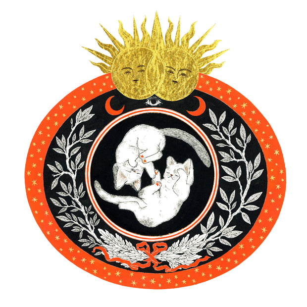Black and orange ink illustration of 2 cats, floating opposite one another like yin & yang. They are in a circle surrounded by floral patternings. 2 gold suns are at the top of the piece.